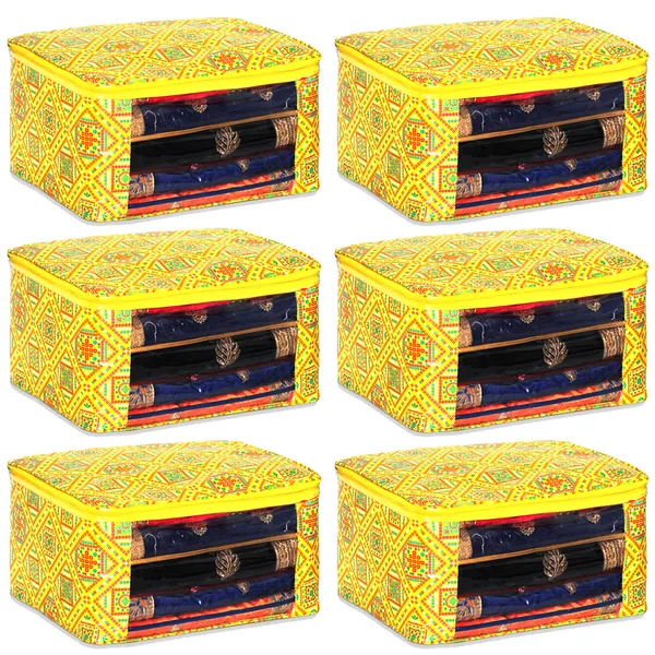 Designer_Multi_Saree_Packing_Cover_With_Transparent_Window_|_Laminated_Canvas_Printed_Fabric_Garment_Storage_Organizer_|_Heavy_Zip_Storage_Bag_(Yellow_Bandhani)