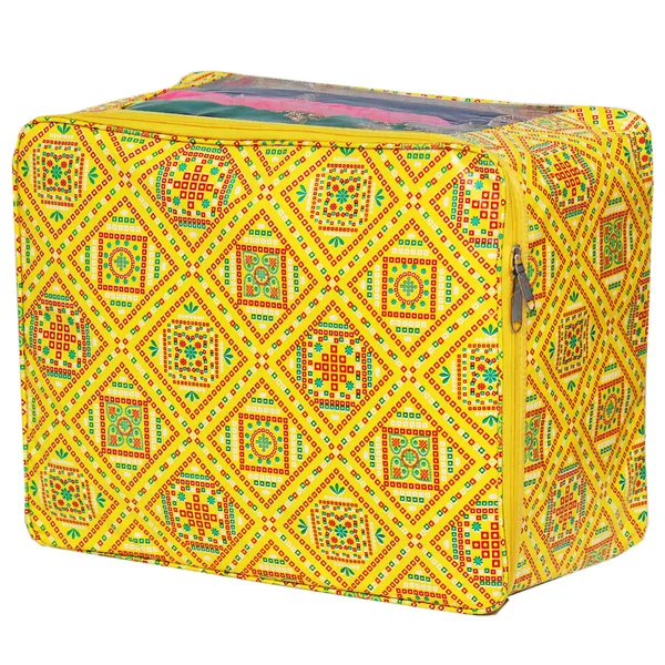 Designer_Multi_Saree_Packing_Cover_With_Transparent_Window_|_Laminated_Canvas_Printed_Fabric_Garment_Storage_Organizer_|_Heavy_Zip_Storage_Bag_(Yellow_Bandhani)