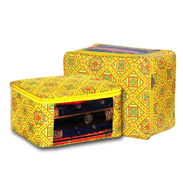 Designer_Multi_Saree_Packing_Cover_With_Transparent_Window_|_Laminated_Canvas_Printed_Fabric_Garment_Storage_Organizer_|_Heavy_Zip_Storage_Bag_(Yellow_Bandhani)