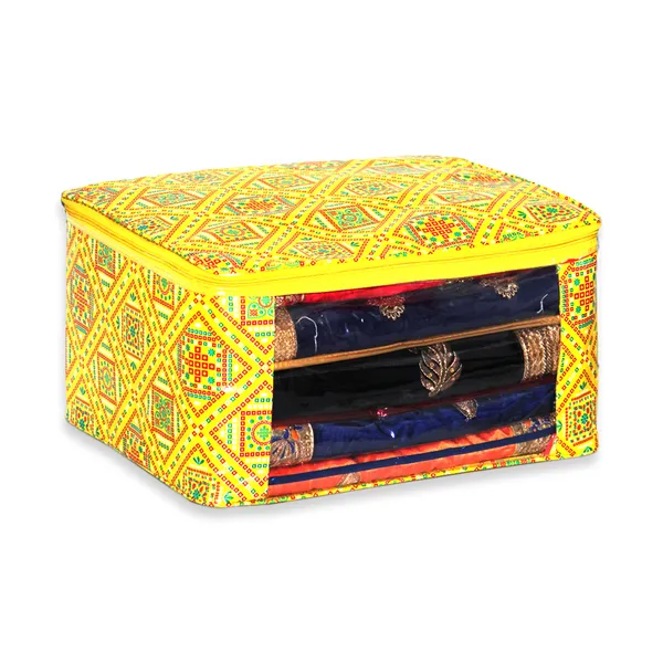 Designer_Multi_Saree_Packing_Cover_With_Transparent_Window_|_Laminated_Canvas_Printed_Fabric_Garment_Storage_Organizer_|_Heavy_Zip_Storage_Bag_(Yellow_Bandhani)