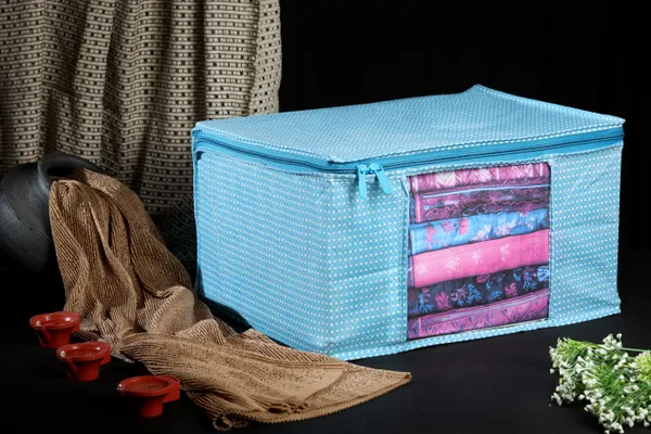 Large_Foldable_Clothes_Storage_Bag_With_Zipper_&_Transparent_Window_|_Blue_Polka_Dot_Wardrobe_Organizer_For_Saree,_Blanket_&_Quilt_Storage_(Pack_Of_3)