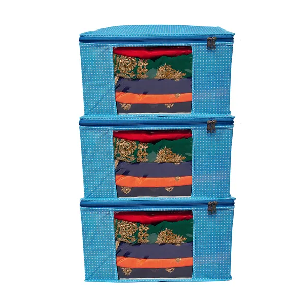 Large_Foldable_Clothes_Storage_Bag_With_Zipper_&_Transparent_Window_|_Blue_Polka_Dot_Wardrobe_Organizer_For_Saree,_Blanket_&_Quilt_Storage_(Pack_Of_3)
