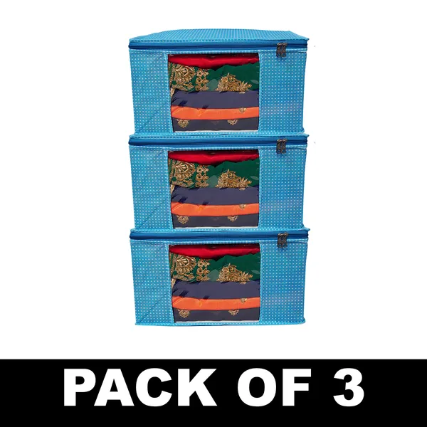 Large_Foldable_Clothes_Storage_Bag_With_Zipper_&_Transparent_Window_|_Blue_Polka_Dot_Wardrobe_Organizer_For_Saree,_Blanket_&_Quilt_Storage_(Pack_Of_3)