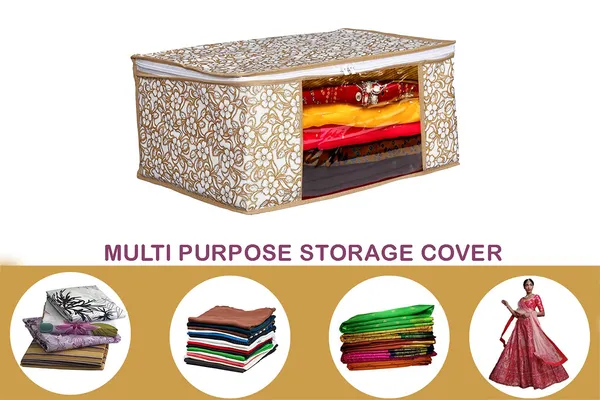 Floral_Foldable_Storage_Bag_With_Zipper_Window_|_Large_Clothes,_Blanket_&_Saree_Organizer_For_Wardrobe_(Pack_Of_12)