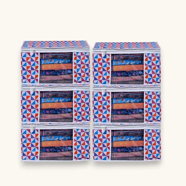 Large_Foldable_Clothes_Storage_Bag_With_Zipper_&_Transparent_Window_|_Multicolor_Geometric_Wardrobe_Organizer_For_Saree,_Blanket_&_Quilt_Storage_|_Saree_Cover_Storage_Box_For_Clothes_With_Premium_Quality_Non_Woven_Combo_Offer_Saree_Organizer_For_Wardrobe/Organizers_For_Clothes/Saree_Cover_(Pack_Of_6)