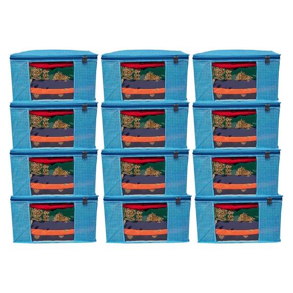 Large_Foldable_Clothes_Storage_Bag_With_Zipper_&_Transparent_Window_|_Blue_Polka_Dot_Wardrobe_Organizer_For_Saree,_Blanket_&_Quilt_Storage_(Pack_Of_12)