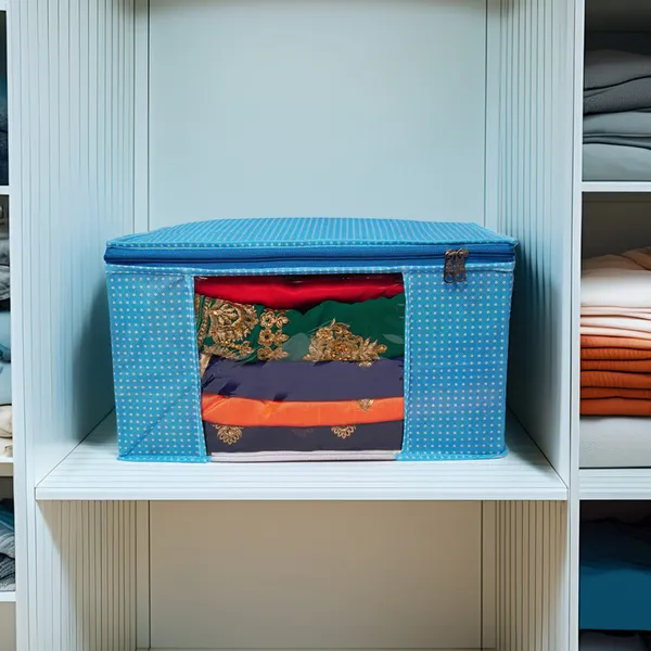Large_Foldable_Clothes_Storage_Bag_With_Zipper_&_Transparent_Window_|_Blue_Polka_Dot_Wardrobe_Organizer_For_Saree,_Blanket_&_Quilt_Storage_(Pack_Of_12)
