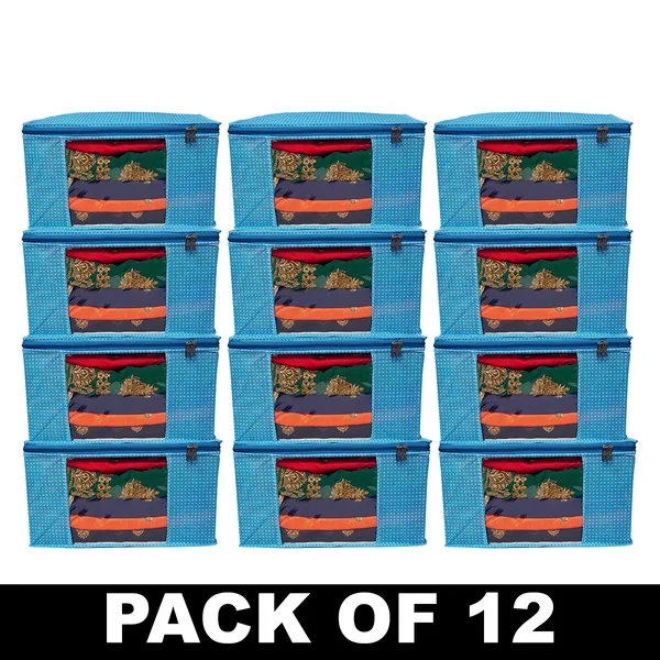 Large_Foldable_Clothes_Storage_Bag_With_Zipper_&_Transparent_Window_|_Blue_Polka_Dot_Wardrobe_Organizer_For_Saree,_Blanket_&_Quilt_Storage_(Pack_Of_12)