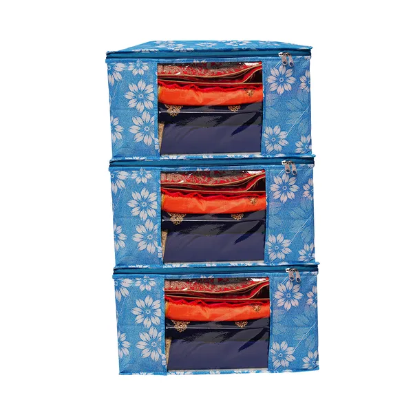 Large_Foldable_Clothes_Storage_Bag_With_Zipper_&_Transparent_Window_|_Blue_Floral_Wardrobe_Organizer_For_Saree,_Blanket_&_Quilt_Storage_(Pack_Of_3)