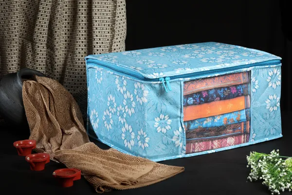 Large_Foldable_Clothes_Storage_Bag_With_Zipper_&_Transparent_Window_|_Blue_Floral_Wardrobe_Organizer_For_Saree,_Blanket_&_Quilt_Storage_(Pack_Of_3)