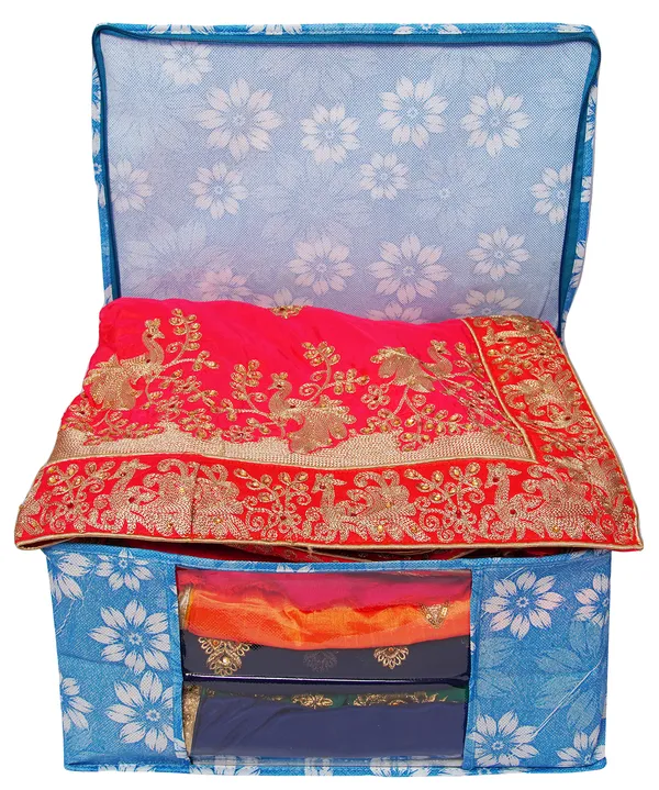 Large_Foldable_Clothes_Storage_Bag_With_Zipper_&_Transparent_Window_|_Blue_Floral_Wardrobe_Organizer_For_Saree,_Blanket_&_Quilt_Storage_(Pack_Of_3)