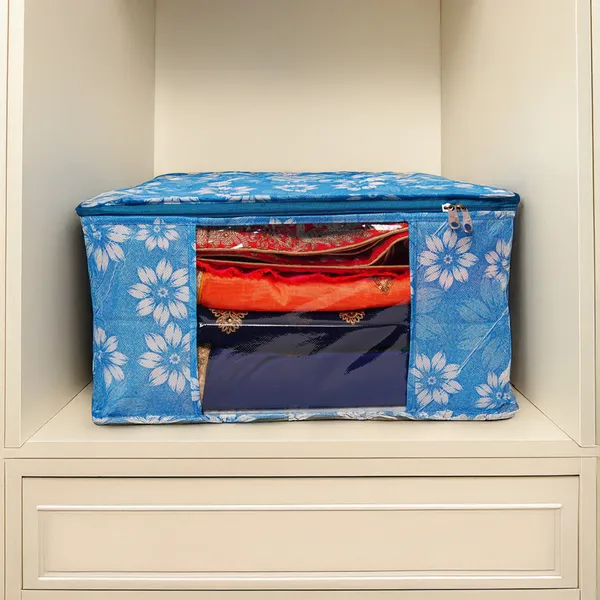 Large_Foldable_Clothes_Storage_Bag_With_Zipper_&_Transparent_Window_|_Blue_Floral_Wardrobe_Organizer_For_Saree,_Blanket_&_Quilt_Storage_(Pack_Of_3)
