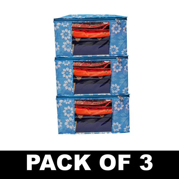 Large_Foldable_Clothes_Storage_Bag_With_Zipper_&_Transparent_Window_|_Blue_Floral_Wardrobe_Organizer_For_Saree,_Blanket_&_Quilt_Storage_(Pack_Of_3)