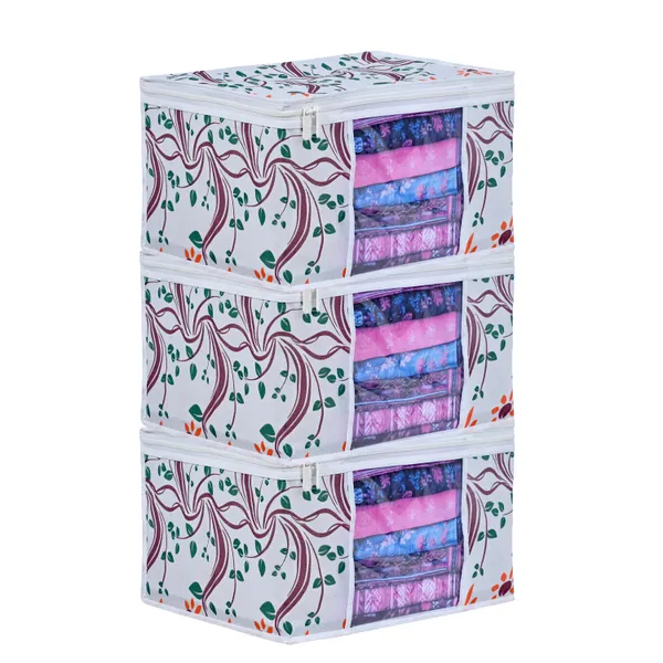 Large_Foldable_Clothes_Storage_Bag_With_Zipper_&_Transparent_Window_|_White_Leaf_Print_Wardrobe_Organizer_For_Saree,_Blanket_&_Quilt_Storage_|_Saree_Cover_Storage_Box_For_Clothes_With_Premium_Quality_Non_Woven_Combo_Offer_Saree_Organizer_For_Wardrobe/Organizers_For_Clothes/Saree_Cover_(Pack_Of_3)