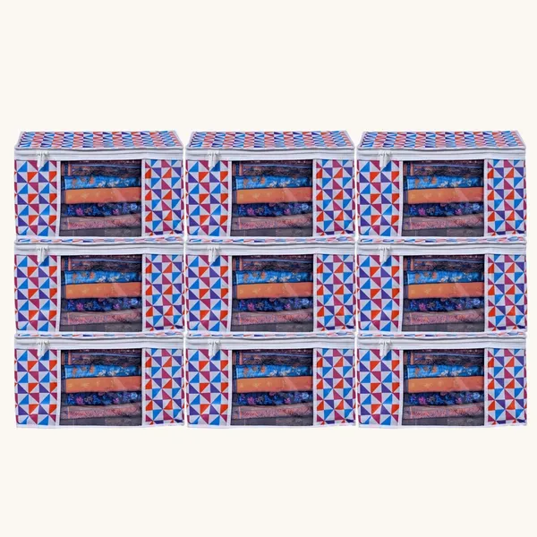 Large_Foldable_Clothes_Storage_Bag_With_Zipper_&_Transparent_Window_|_Multicolor_Geometric_Wardrobe_Organizer_For_Saree,_Blanket_&_Quilt_Storage_|_Saree_Cover_Storage_Box_For_Clothes_With_Premium_Quality_Non_Woven_Combo_Offer_Saree_Organizer_For_Wardrobe/Organizers_For_Clothes/Saree_Cover_(Pack_Of_12)
