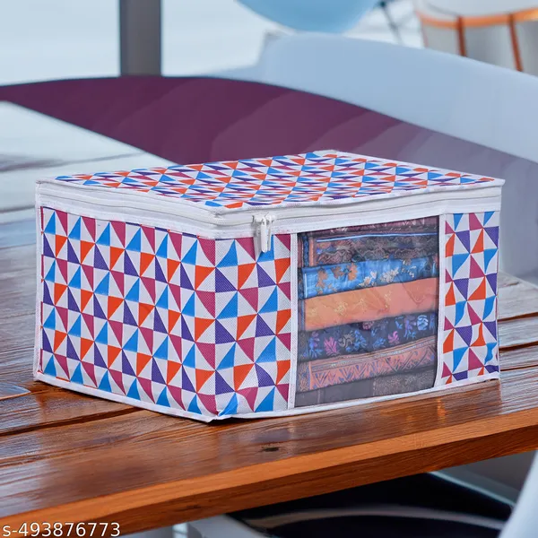 Large_Foldable_Clothes_Storage_Bag_With_Zipper_&_Transparent_Window_|_Multicolor_Geometric_Wardrobe_Organizer_For_Saree,_Blanket_&_Quilt_Storage_|_Saree_Cover_Storage_Box_For_Clothes_With_Premium_Quality_Non_Woven_Combo_Offer_Saree_Organizer_For_Wardrobe/Organizers_For_Clothes/Saree_Cover_(Pack_Of_12)