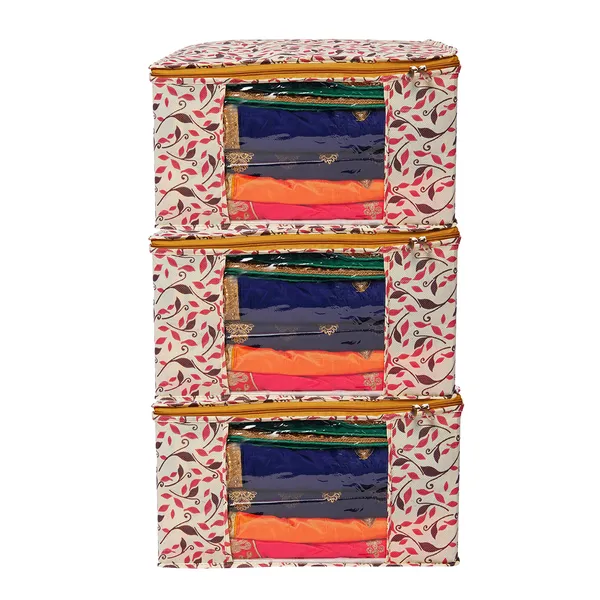Saree_Cover_Storage_Box_For_Clothes_With_Premium_Quality_Non_Woven_Combo_Offer_Saree_Organizer_For_Large_Foldable_Clothes_Storage_Bag_With_Zipper_&_Transparent_Window_|_Leaf_Print_Wardrobe_Organizer_For_Saree,_Blanket_&_Quilt_Storage_|_Foldable_Saree_Clothes_Storage_Bag_Wardrobe_(Pack_Of_3)