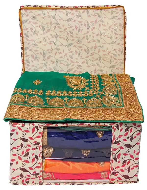 Saree_Cover_Storage_Box_For_Clothes_With_Premium_Quality_Non_Woven_Combo_Offer_Saree_Organizer_For_Large_Foldable_Clothes_Storage_Bag_With_Zipper_&_Transparent_Window_|_Leaf_Print_Wardrobe_Organizer_For_Saree,_Blanket_&_Quilt_Storage_|_Foldable_Saree_Clothes_Storage_Bag_Wardrobe_(Pack_Of_12)