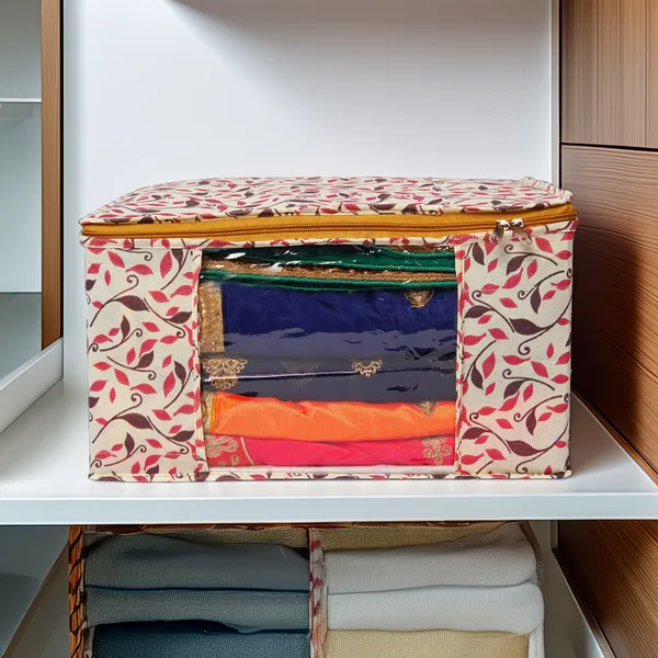 Saree_Cover_Storage_Box_For_Clothes_With_Premium_Quality_Non_Woven_Combo_Offer_Saree_Organizer_For_Large_Foldable_Clothes_Storage_Bag_With_Zipper_&_Transparent_Window_|_Leaf_Print_Wardrobe_Organizer_For_Saree,_Blanket_&_Quilt_Storage_|_Foldable_Saree_Clothes_Storage_Bag_Wardrobe_(Pack_Of_12)