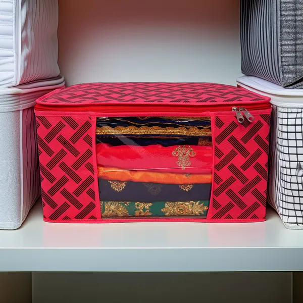 Saree_Cover_Storage_Box_For_Clothes_With_Premium_Quality_Non_Woven_Combo_Offer_Saree_Organizer_For_Large_Foldable_Clothes_Storage_Bag_With_Zipper_&_Transparent_Window_|_Red_Geometric_Print_Wardrobe_Organizer_For_Saree,_Blanket_&_Quilt_Storage_(Pack_Of_6)