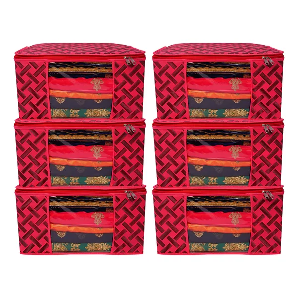 Saree_Cover_Storage_Box_For_Clothes_With_Premium_Quality_Non_Woven_Combo_Offer_Saree_Organizer_For_Large_Foldable_Clothes_Storage_Bag_With_Zipper_&_Transparent_Window_|_Red_Geometric_Print_Wardrobe_Organizer_For_Saree,_Blanket_&_Quilt_Storage_(Pack_Of_6)