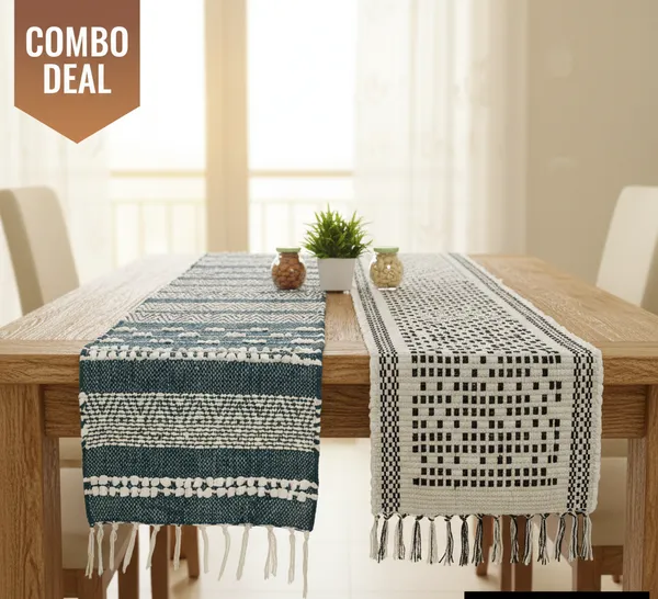Blue_White_Cotton_4_To_6_Seater_Table_Runner_14_X_72_Inch_Pack_Of_1_And_Grey_White_Cotton_4_To_6_Seater_Table_Runner_14_X_72_Inch_Pack_Of_1_Combo_Pack_Of_2