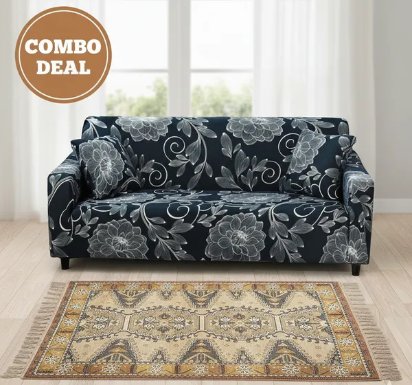 Multicolor_Blue_Dahlia_Design_Polyester_Elastic_Stretchable_Printed_Sofa_Cover_And_Multicolor_Chindi_Handmade_Printed_Modern_Rugs_Carpet_For_Living_Room_or_Drawing_Room_And_Enhanced_Decor_For_Bedroom_Combo_Pack_Of_2