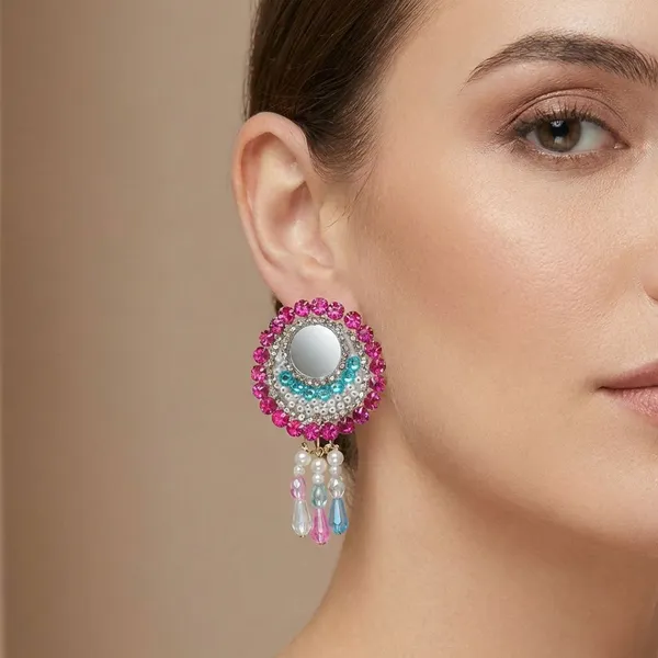 Handcrafted_Elegant_Turquoise_Blue_And_Pink_Crystal_Circular_Drop_Earrings