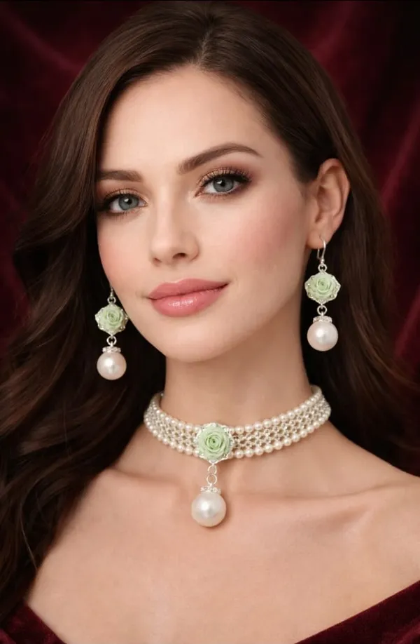 Handcrafted_Elegant_Green_Rose_Pearl_Drop_Earrings