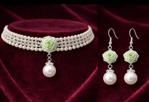 Handcrafted_Elegant_Green_Rose_Pearl_Drop_Earrings