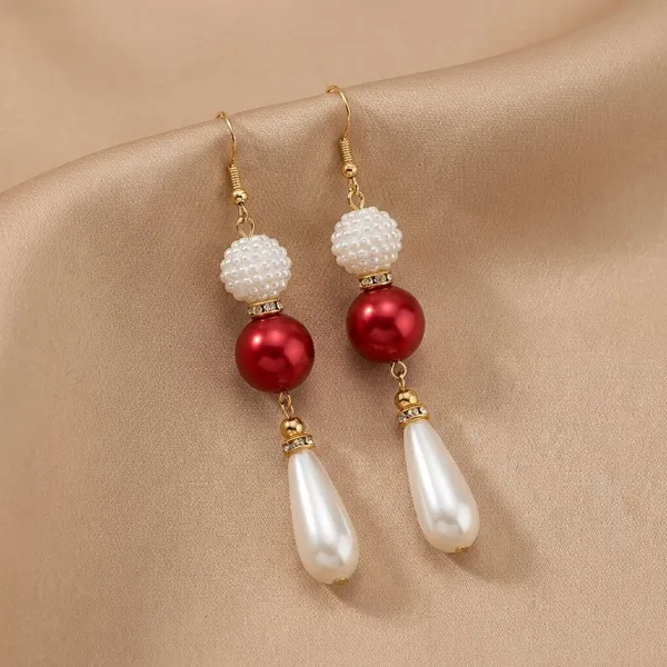Handcrafted_Elegant_Christmas_Themed_Dangle_Earrings_With_Red_And_White_Beads