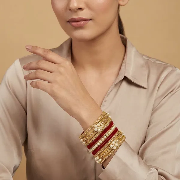Handcrafted_Traditional_Gold_Toned_Pearl_And_Red_Velvet_Bangle_Set