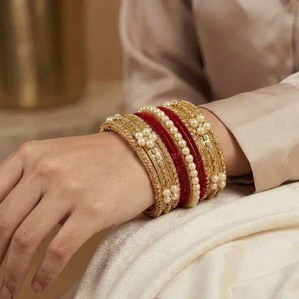 Handcrafted_Traditional_Gold_Toned_Pearl_And_Red_Velvet_Bangle_Set