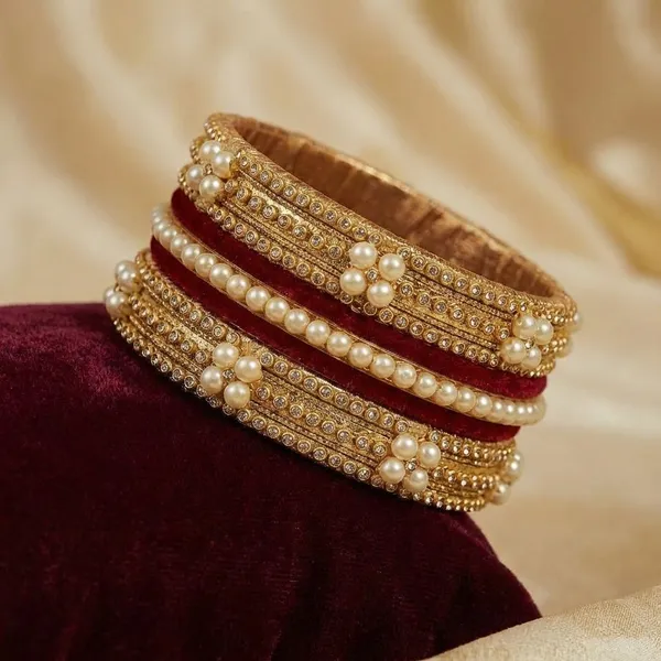Handcrafted_Traditional_Gold_Toned_Pearl_And_Red_Velvet_Bangle_Set