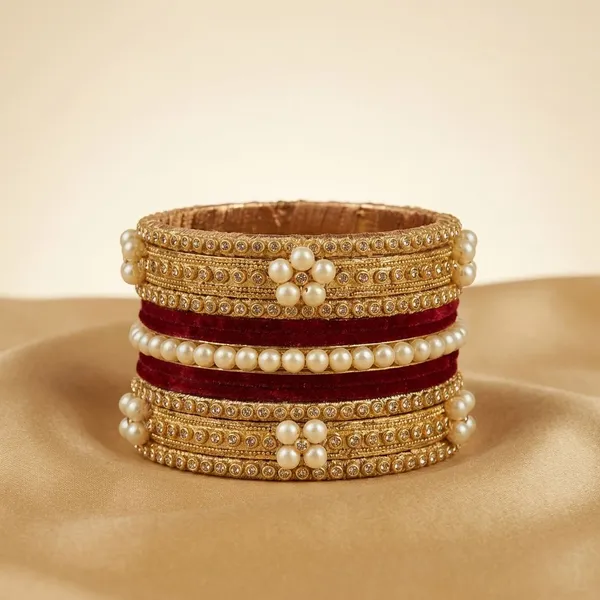 Handcrafted_Traditional_Gold_Toned_Pearl_And_Red_Velvet_Bangle_Set