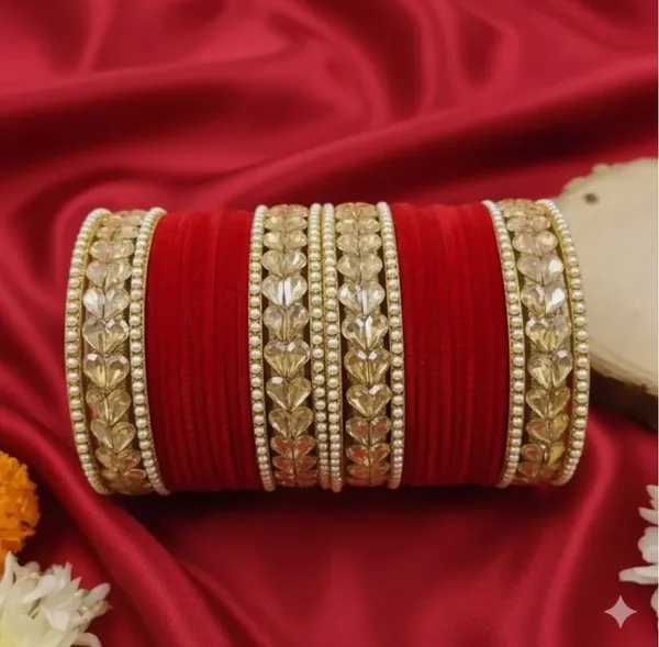 Handcrafted_Traditional_Red_Velvet_Bridal_Chuda_Bangles_Set_With_Golden_Work_And_Pearl_Detailing