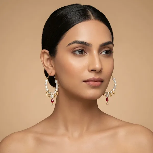 Handcrafted_Elegant_Pearl_And_Pink_Stone_Drop_Earrings_With_Golden_Leaf_Accents