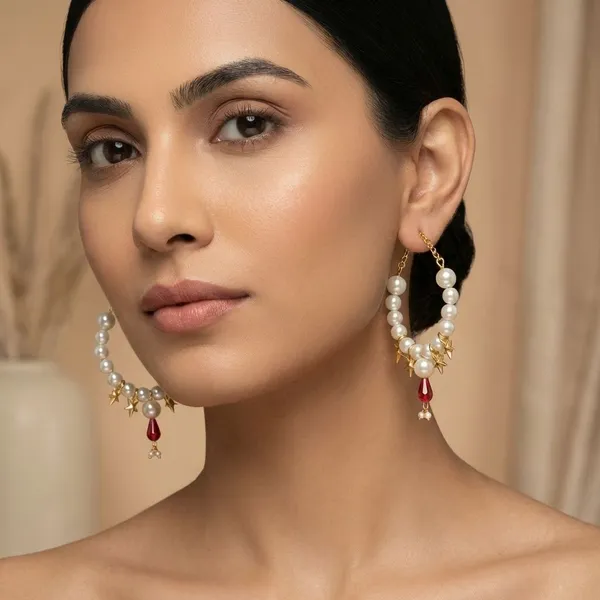 Handcrafted_Elegant_Pearl_And_Pink_Stone_Drop_Earrings_With_Golden_Leaf_Accents