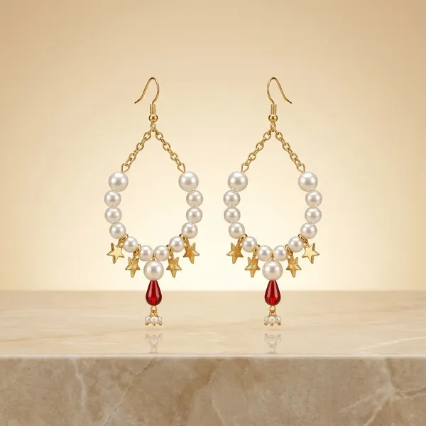 Handcrafted_Elegant_Pearl_And_Pink_Stone_Drop_Earrings_With_Golden_Leaf_Accents