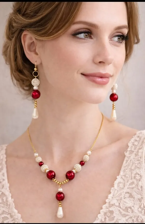Handcrafted_Elegant_Christmas_Themed_Dangle_Earrings_With_Red_And_White_Beads