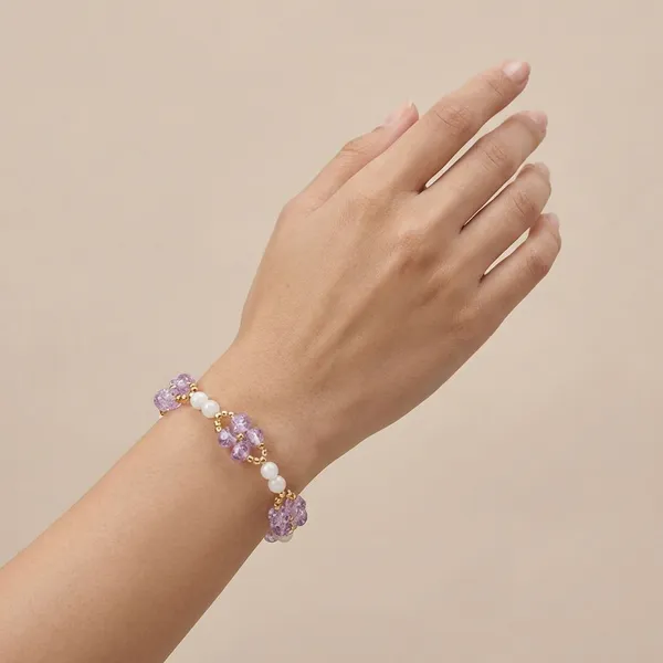 Handcrafted_Purple_Crystal_And_Pearl_Beaded_Stretch_Bracelet_With_Gold_Accents