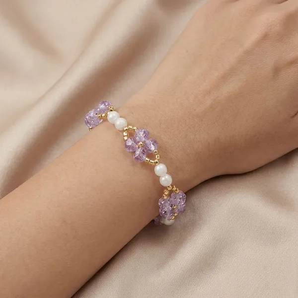 Handcrafted_Purple_Crystal_And_Pearl_Beaded_Stretch_Bracelet_With_Gold_Accents