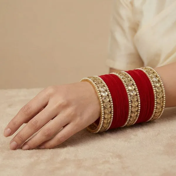 Handcrafted_Traditional_Red_Velvet_Bridal_Chuda_Bangles_Set_With_Golden_Work_And_Pearl_Detailing