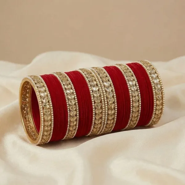 Handcrafted_Traditional_Red_Velvet_Bridal_Chuda_Bangles_Set_With_Golden_Work_And_Pearl_Detailing