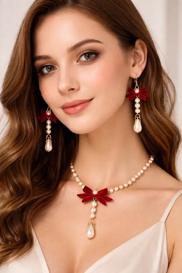 Handcrafted_Elegant_Velvet_Bow_Pearl_Drop_Earrings___Maroon_And_Gold