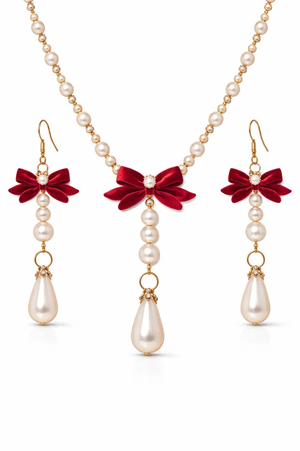 Handcrafted_Elegant_Velvet_Bow_Pearl_Drop_Earrings___Maroon_And_Gold
