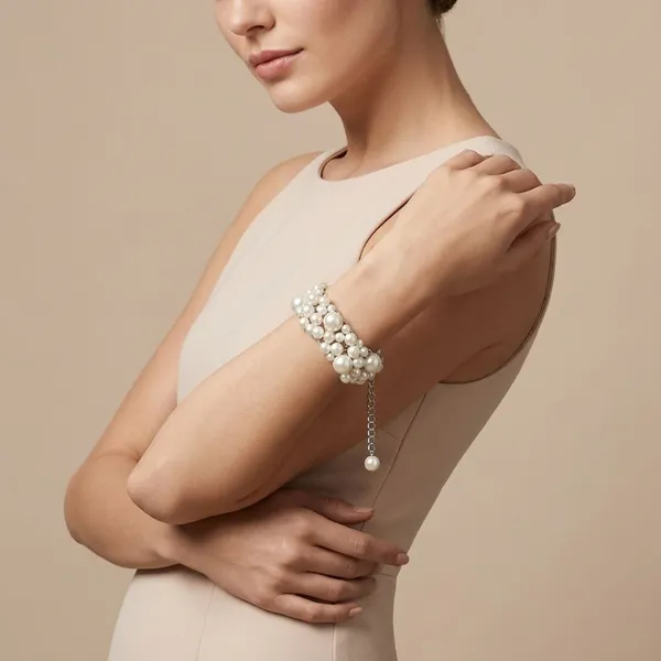 Handcrafted_Elegant_Clustered_Pearl_Bracelet_With_Silver_Chain