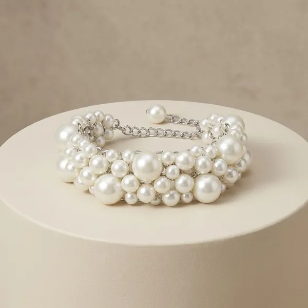 Handcrafted_Elegant_Clustered_Pearl_Bracelet_With_Silver_Chain