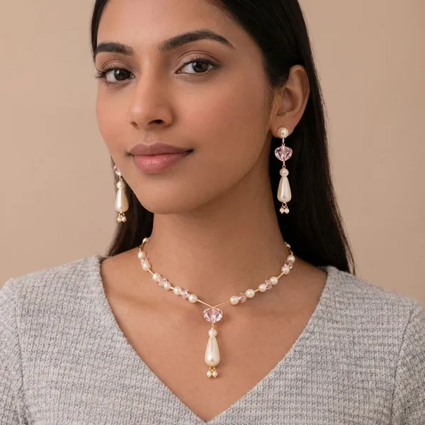 Handcrafted_Pink_Crystal_And_Pearl_Jewelry_Set___Necklace_And_Earrings