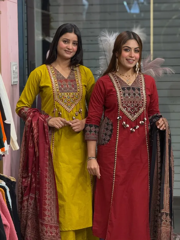 Yellow_Cotton_Ajrakh_Patchwork_Kurta_Set_For_Women